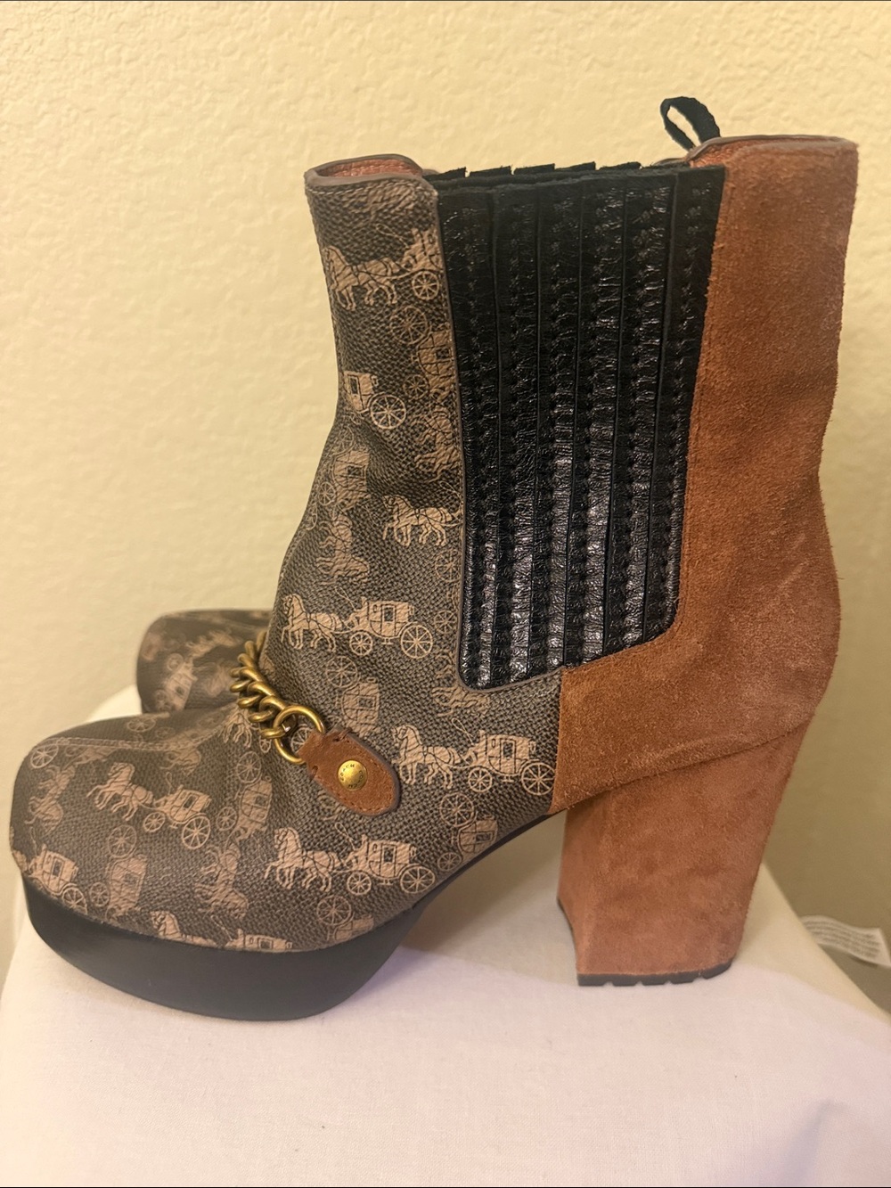Coach Brown & Black Signature Carriage Print Suede Block Heel Ankle Boots